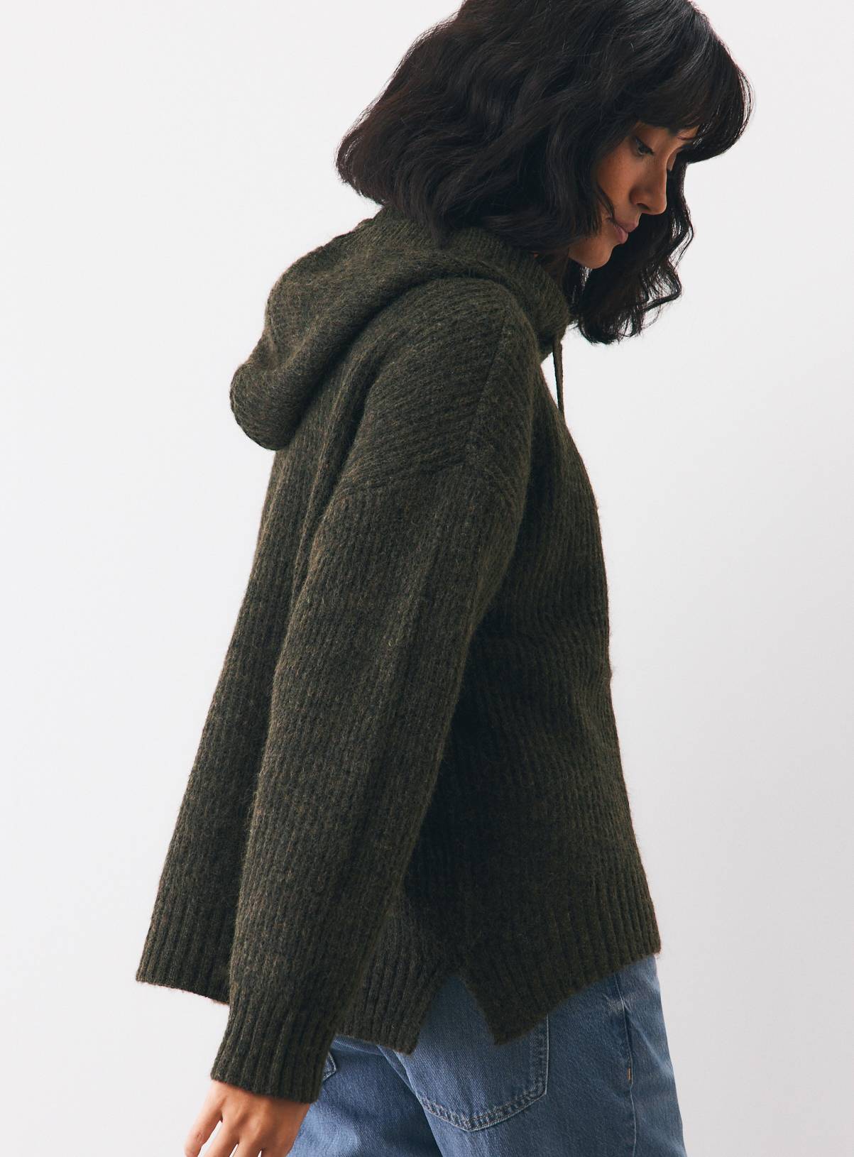 Dark Green Nordic-Style Ribbed Knitted Hooded Jumper L - Image 1